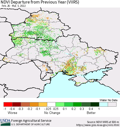 Ukraine, Moldova and Belarus NDVI Departure from Previous Year (VIIRS) Thematic Map For 3/1/2022 - 3/10/2022