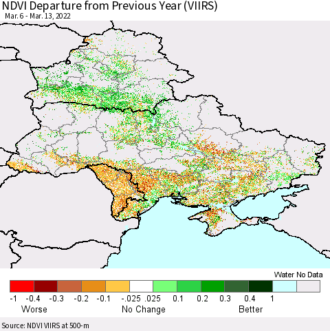 Ukraine, Moldova and Belarus NDVI Departure from Previous Year (VIIRS) Thematic Map For 3/6/2022 - 3/13/2022