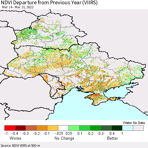 Ukraine, Moldova and Belarus NDVI Departure from Previous Year (VIIRS) Thematic Map For 3/14/2022 - 3/21/2022