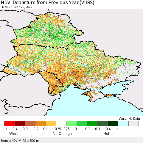 Ukraine, Moldova and Belarus NDVI Departure from Previous Year (VIIRS) Thematic Map For 3/22/2022 - 3/29/2022
