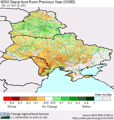 Ukraine, Moldova and Belarus NDVI Departure from Previous Year (VIIRS) Thematic Map For 3/21/2022 - 3/31/2022