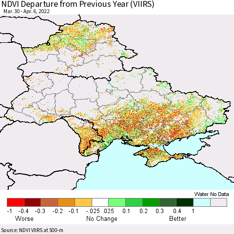 Ukraine, Moldova and Belarus NDVI Departure from Previous Year (VIIRS) Thematic Map For 3/30/2022 - 4/6/2022