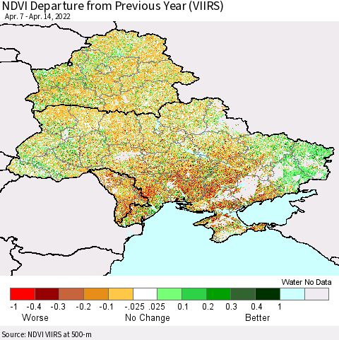 Ukraine, Moldova and Belarus NDVI Departure from Previous Year (VIIRS) Thematic Map For 4/7/2022 - 4/14/2022