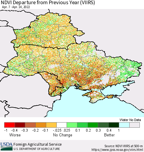 Ukraine, Moldova and Belarus NDVI Departure from Previous Year (VIIRS) Thematic Map For 4/11/2022 - 4/20/2022