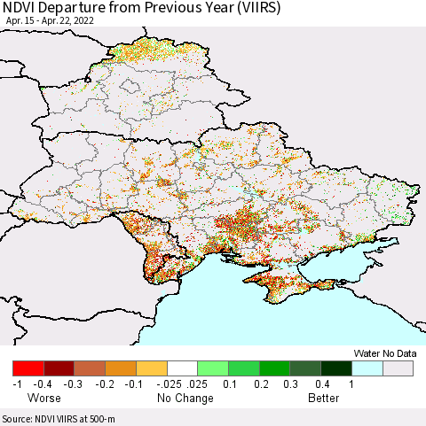Ukraine, Moldova and Belarus NDVI Departure from Previous Year (VIIRS) Thematic Map For 4/15/2022 - 4/22/2022