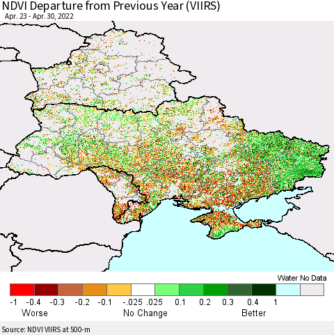 Ukraine, Moldova and Belarus NDVI Departure from Previous Year (VIIRS) Thematic Map For 4/21/2022 - 4/30/2022
