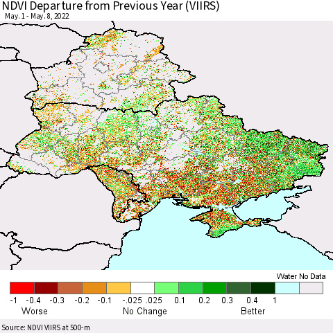 Ukraine, Moldova and Belarus NDVI Departure from Previous Year (VIIRS) Thematic Map For 5/1/2022 - 5/8/2022