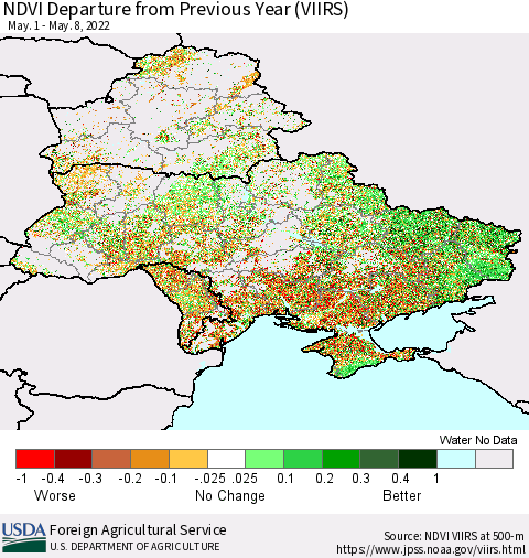 Ukraine, Moldova and Belarus NDVI Departure from Previous Year (VIIRS) Thematic Map For 5/1/2022 - 5/10/2022