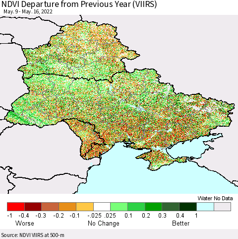 Ukraine, Moldova and Belarus NDVI Departure from Previous Year (VIIRS) Thematic Map For 5/9/2022 - 5/16/2022