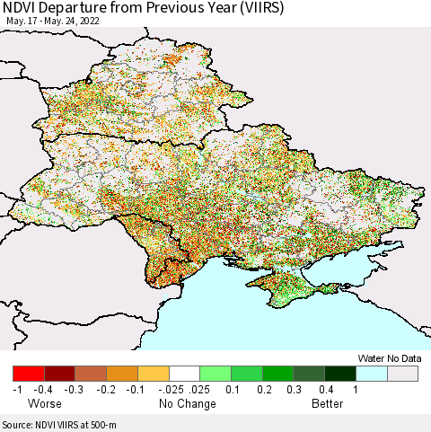 Ukraine, Moldova and Belarus NDVI Departure from Previous Year (VIIRS) Thematic Map For 5/17/2022 - 5/24/2022