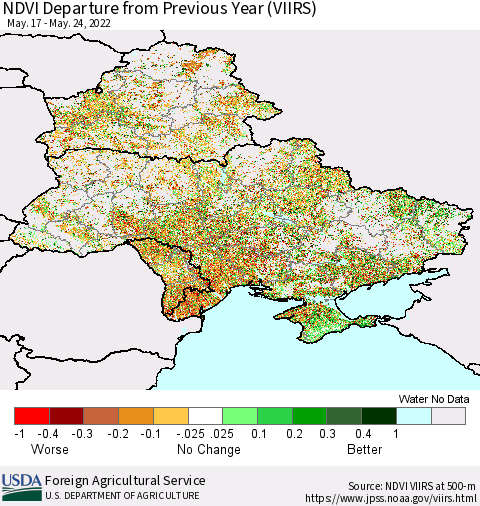 Ukraine, Moldova and Belarus NDVI Departure from Previous Year (VIIRS) Thematic Map For 5/21/2022 - 5/31/2022