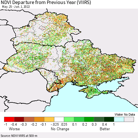 Ukraine, Moldova and Belarus NDVI Departure from Previous Year (VIIRS) Thematic Map For 5/25/2022 - 6/1/2022