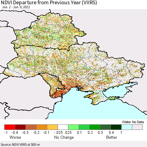 Ukraine, Moldova and Belarus NDVI Departure from Previous Year (VIIRS) Thematic Map For 6/2/2022 - 6/9/2022