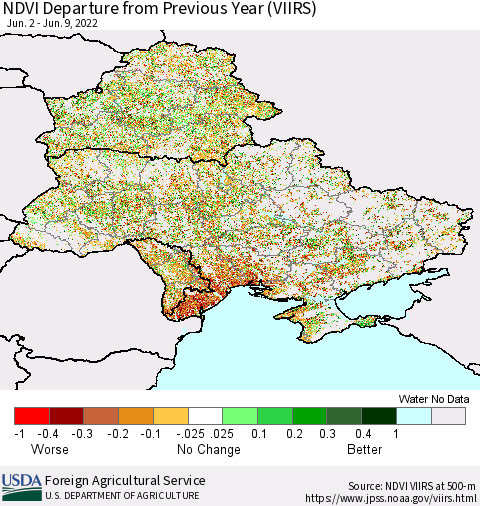 Ukraine, Moldova and Belarus NDVI Departure from Previous Year (VIIRS) Thematic Map For 6/1/2022 - 6/10/2022