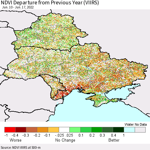 Ukraine, Moldova and Belarus NDVI Departure from Previous Year (VIIRS) Thematic Map For 6/10/2022 - 6/17/2022
