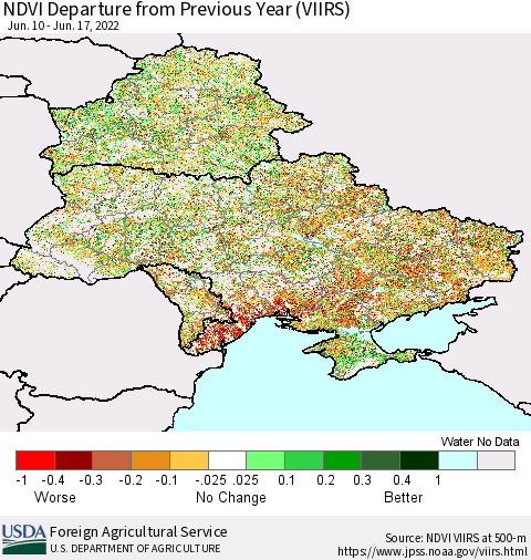 Ukraine, Moldova and Belarus NDVI Departure from Previous Year (VIIRS) Thematic Map For 6/11/2022 - 6/20/2022