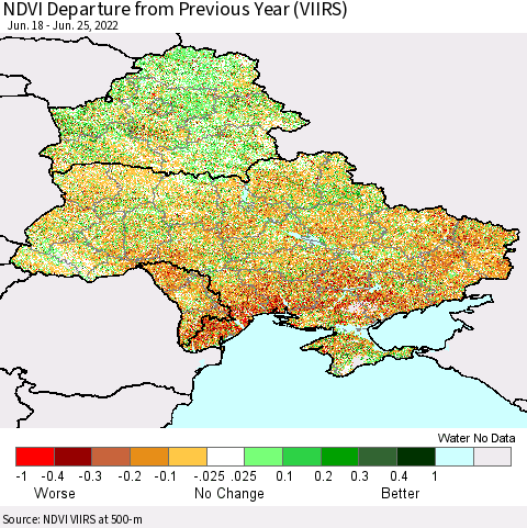 Ukraine, Moldova and Belarus NDVI Departure from Previous Year (VIIRS) Thematic Map For 6/18/2022 - 6/25/2022