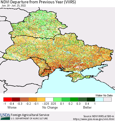 Ukraine, Moldova and Belarus NDVI Departure from Previous Year (VIIRS) Thematic Map For 6/21/2022 - 6/30/2022