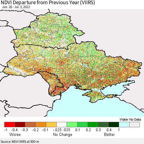 Ukraine, Moldova and Belarus NDVI Departure from Previous Year (VIIRS) Thematic Map For 6/26/2022 - 7/3/2022