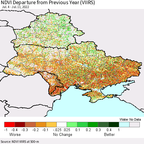 Ukraine, Moldova and Belarus NDVI Departure from Previous Year (VIIRS) Thematic Map For 7/4/2022 - 7/11/2022