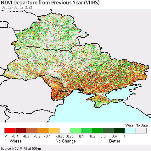 Ukraine, Moldova and Belarus NDVI Departure from Previous Year (VIIRS) Thematic Map For 7/12/2022 - 7/19/2022