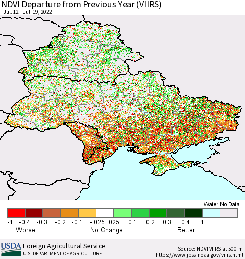 Ukraine, Moldova and Belarus NDVI Departure from Previous Year (VIIRS) Thematic Map For 7/11/2022 - 7/20/2022