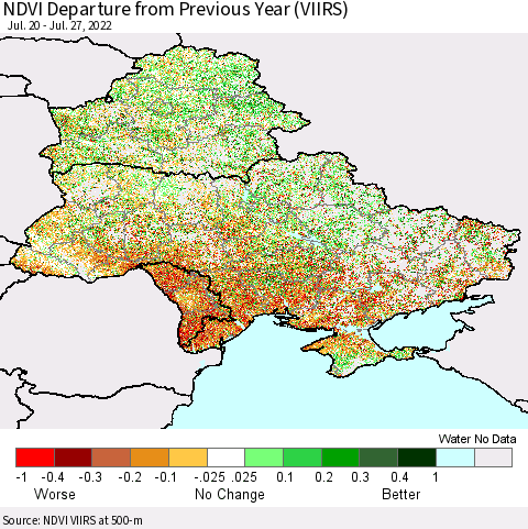 Ukraine, Moldova and Belarus NDVI Departure from Previous Year (VIIRS) Thematic Map For 7/20/2022 - 7/27/2022