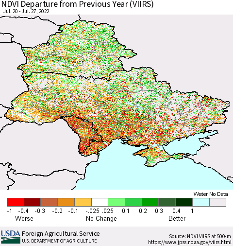 Ukraine, Moldova and Belarus NDVI Departure from Previous Year (VIIRS) Thematic Map For 7/21/2022 - 7/31/2022