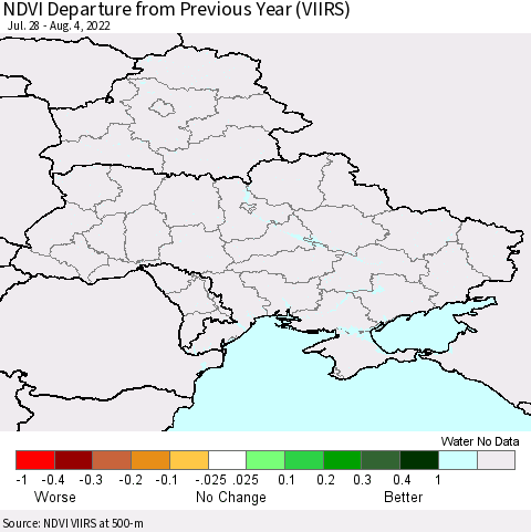 Ukraine, Moldova and Belarus NDVI Departure from Previous Year (VIIRS) Thematic Map For 7/28/2022 - 8/4/2022