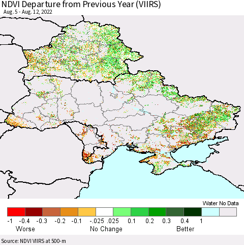 Ukraine, Moldova and Belarus NDVI Departure from Previous Year (VIIRS) Thematic Map For 8/5/2022 - 8/12/2022