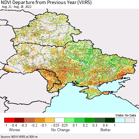 Ukraine, Moldova and Belarus NDVI Departure from Previous Year (VIIRS) Thematic Map For 8/21/2022 - 8/28/2022