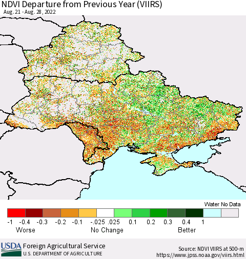 Ukraine, Moldova and Belarus NDVI Departure from Previous Year (VIIRS) Thematic Map For 8/21/2022 - 8/31/2022