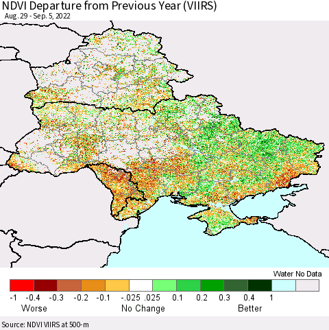Ukraine, Moldova and Belarus NDVI Departure from Previous Year (VIIRS) Thematic Map For 8/29/2022 - 9/5/2022
