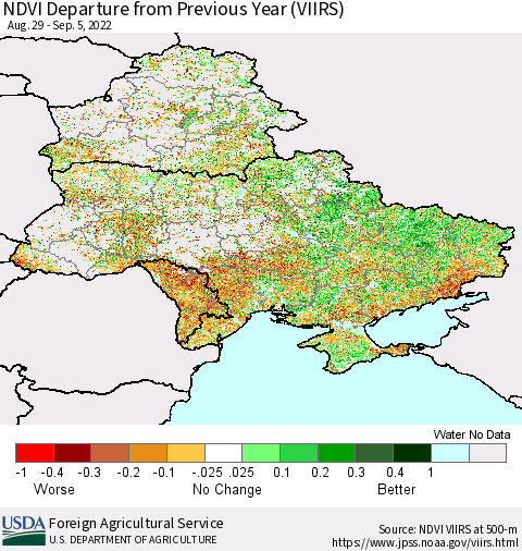 Ukraine, Moldova and Belarus NDVI Departure from Previous Year (VIIRS) Thematic Map For 9/1/2022 - 9/10/2022