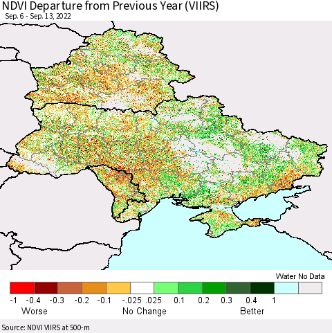 Ukraine, Moldova and Belarus NDVI Departure from Previous Year (VIIRS) Thematic Map For 9/6/2022 - 9/13/2022