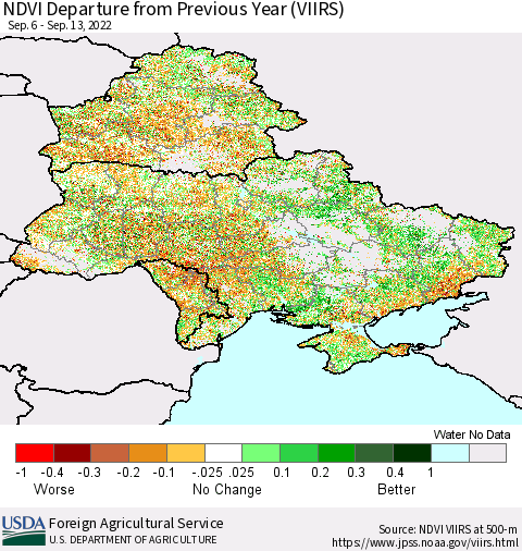Ukraine, Moldova and Belarus NDVI Departure from Previous Year (VIIRS) Thematic Map For 9/11/2022 - 9/20/2022