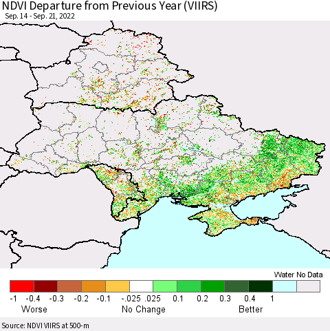 Ukraine, Moldova and Belarus NDVI Departure from Previous Year (VIIRS) Thematic Map For 9/14/2022 - 9/21/2022