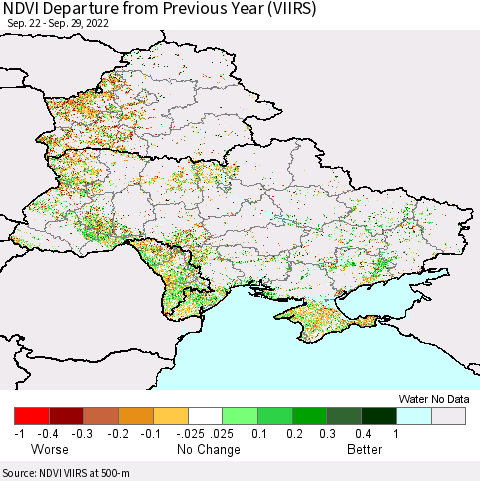 Ukraine, Moldova and Belarus NDVI Departure from Previous Year (VIIRS) Thematic Map For 9/22/2022 - 9/29/2022