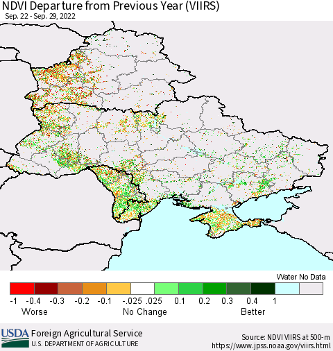 Ukraine, Moldova and Belarus NDVI Departure from Previous Year (VIIRS) Thematic Map For 9/21/2022 - 9/30/2022