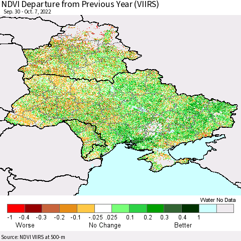 Ukraine, Moldova and Belarus NDVI Departure from Previous Year (VIIRS) Thematic Map For 9/30/2022 - 10/7/2022