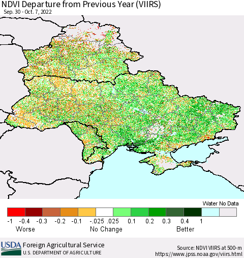Ukraine, Moldova and Belarus NDVI Departure from Previous Year (VIIRS) Thematic Map For 10/1/2022 - 10/10/2022