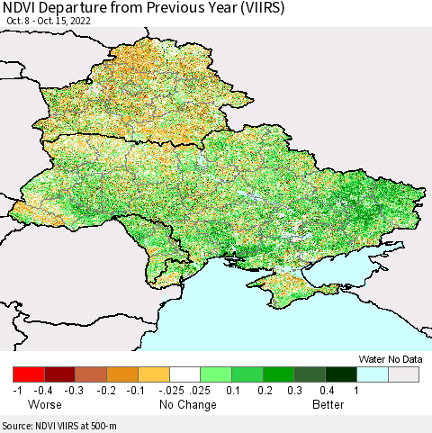 Ukraine, Moldova and Belarus NDVI Departure from Previous Year (VIIRS) Thematic Map For 10/8/2022 - 10/15/2022