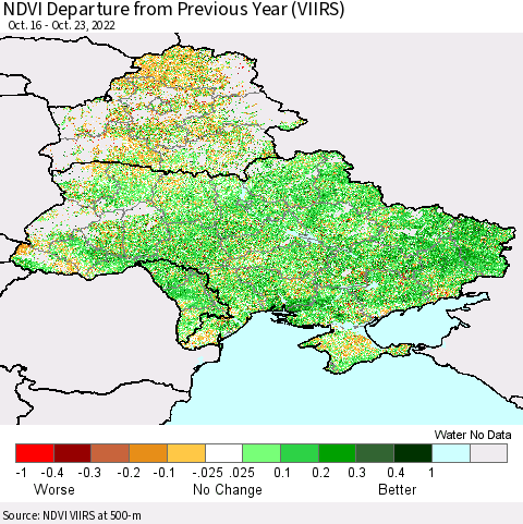 Ukraine, Moldova and Belarus NDVI Departure from Previous Year (VIIRS) Thematic Map For 10/16/2022 - 10/23/2022