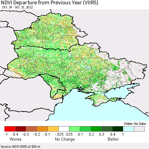 Ukraine, Moldova and Belarus NDVI Departure from Previous Year (VIIRS) Thematic Map For 10/24/2022 - 10/31/2022