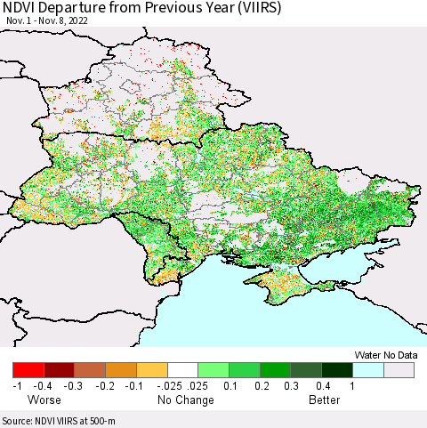 Ukraine, Moldova and Belarus NDVI Departure from Previous Year (VIIRS) Thematic Map For 11/1/2022 - 11/8/2022