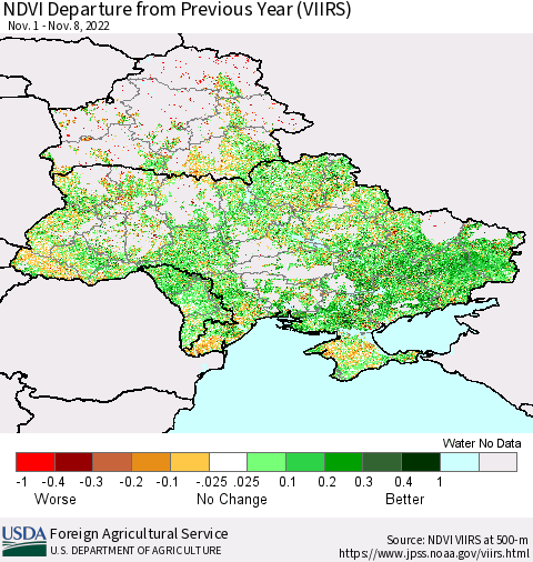 Ukraine, Moldova and Belarus NDVI Departure from Previous Year (VIIRS) Thematic Map For 11/1/2022 - 11/10/2022