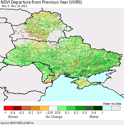 Ukraine, Moldova and Belarus NDVI Departure from Previous Year (VIIRS) Thematic Map For 11/9/2022 - 11/16/2022