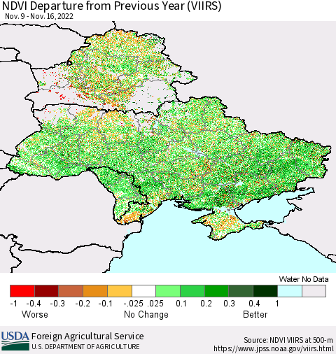 Ukraine, Moldova and Belarus NDVI Departure from Previous Year (VIIRS) Thematic Map For 11/11/2022 - 11/20/2022