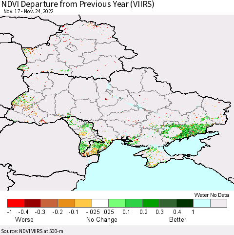 Ukraine, Moldova and Belarus NDVI Departure from Previous Year (VIIRS) Thematic Map For 11/17/2022 - 11/24/2022