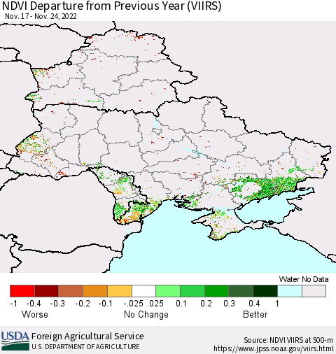 Ukraine, Moldova and Belarus NDVI Departure from Previous Year (VIIRS) Thematic Map For 11/21/2022 - 11/30/2022